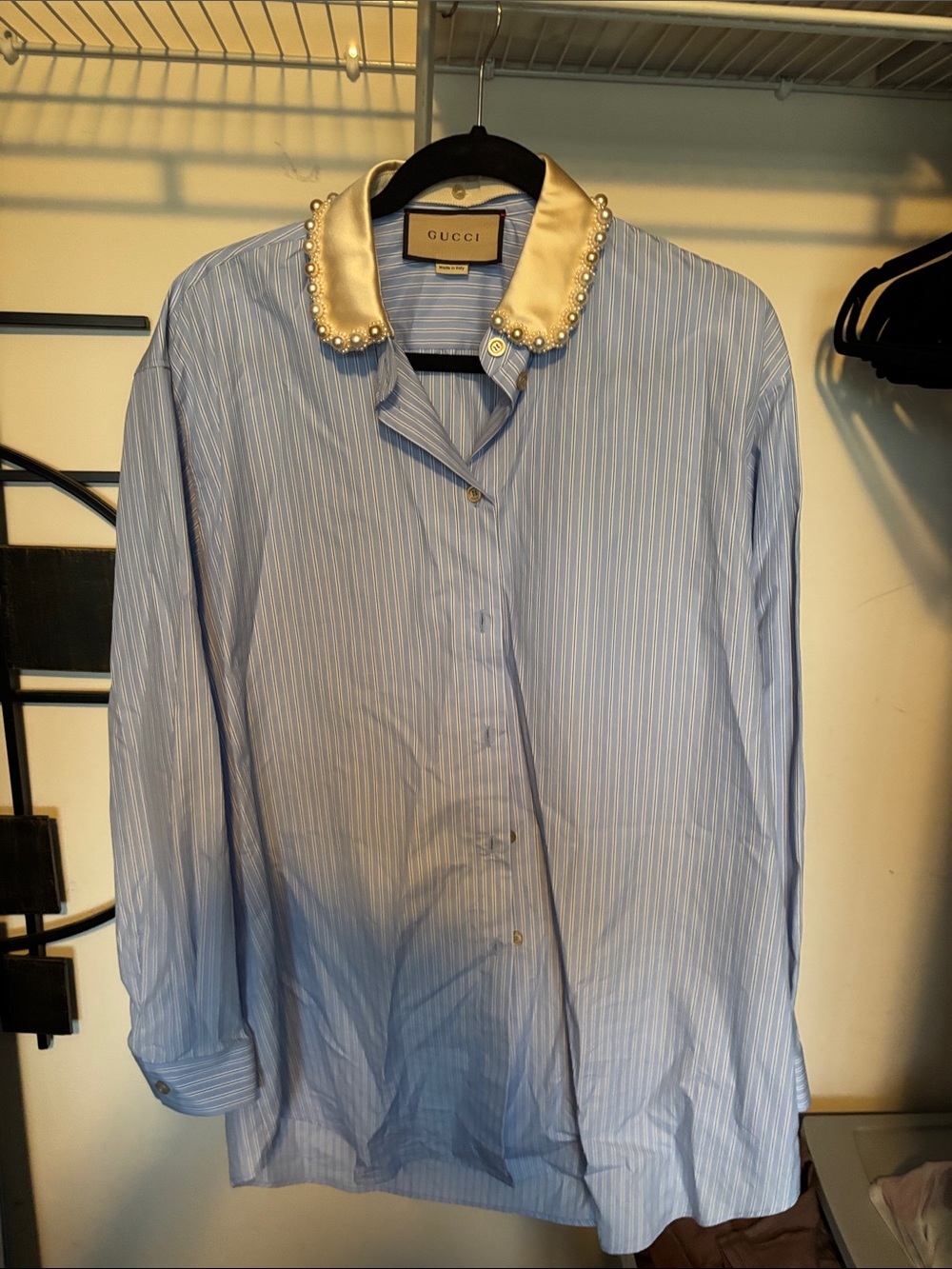 Gucci Light Blue Pinstripe Shirt with Ivory Pearl-Trim Satin Collar
